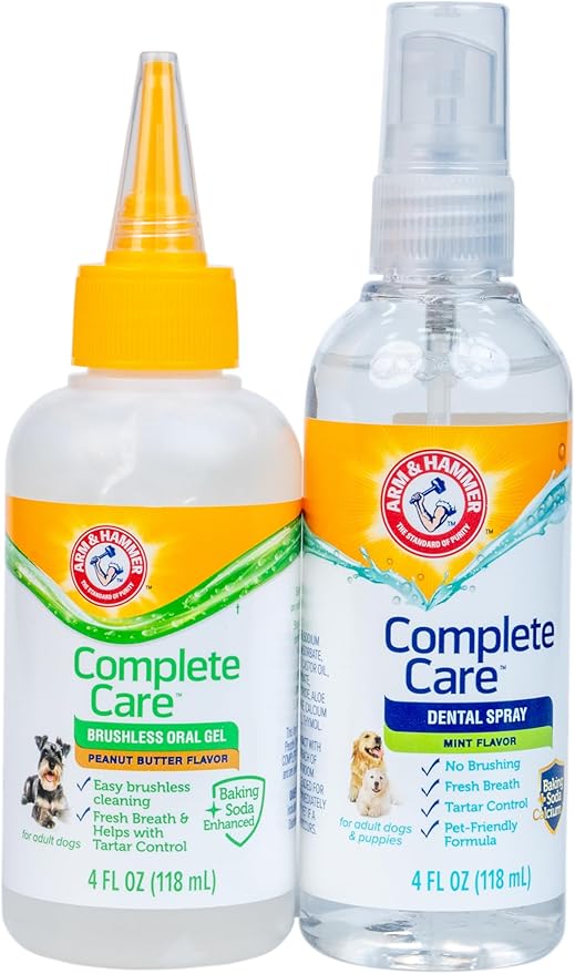 Arm & Hammer Complete Care Brushless Dental Kit for Dogs – Includes No-Brush Oral Gel + Dog Dental Spray, Fresh Breath, Tartar Control, Baking Soda Enhanced Dental Dog Supplies, 4oz