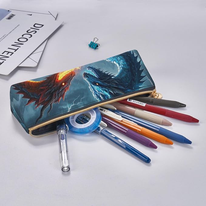 Leather Pen Case with Zipper - Aesthetic Pen Holder Ice Dragon and Fire Dragon Pencil Case for Women & Men - Handcrafted Pencil Bag Multi-Functional Travel Cosmetic Case for Work Office Tool Pouch