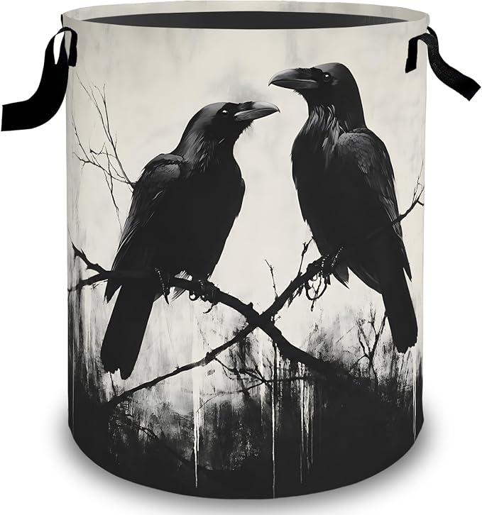Gothic Raven Laundry Basket Hamper, Organizer Bins Gifts for Women Kids, Goth Dark Tree Crow Foldable Waterproof Clothes Hamper Handles Storage Bucket for Bedroom Bathroom Room Decor 19.7"x15.7"