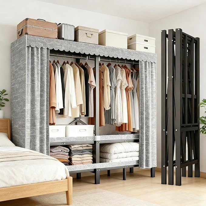 66.1in Heavy Duty Portable Closet, Foldable Wardrobe Closet with Cover, Metal Clothing Shelves for Clothes Organizers and Storage, for Bedrooms, Apartments, Rental Properties (Grey, 66.1in)