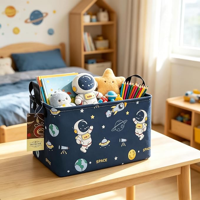 Rectangle Foldable Storage Basket Handles For Home, Space Astronaut | Waterproof reinforced handles, perfect for shelf use, organizes clothes, daily items and pet supplies
