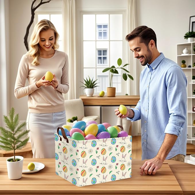 Large Cute Easter Basket for Kid Empty Gift Baby Rectangle Storage Bin Bunny Eggs Boy＆Girl Room Décor (Egg Rabbit Flower)