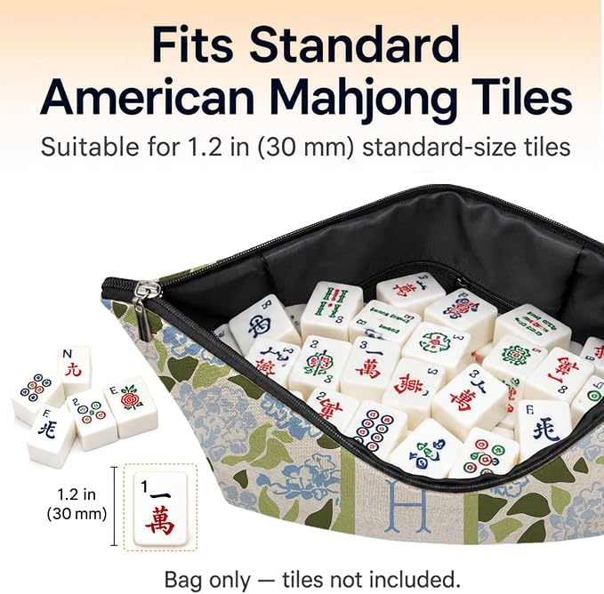 Blue and Green Hydrangea Empty Mahjong Tile Bag 13x7.8 Inch, | Blue Floral Printed Portable Travel Case Organizer Zipper Pouch for American Mahjong Tiles Game Night Accessories and Gifts
