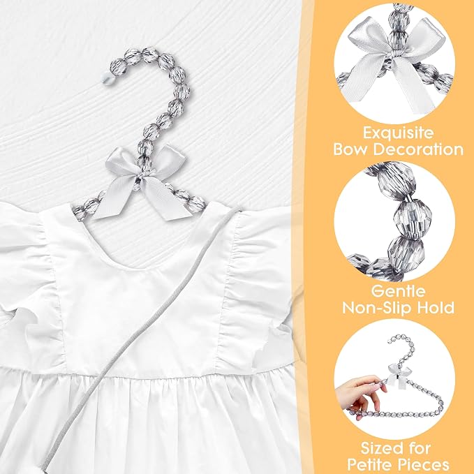 Mini Beaded Closet Hangers for Kid Clothes - Pack of 5, 7.8" Cute Organizers for Small Garments, Pet Outfits, Boutique Displays, Satin Bow Detail - Gentle Gray