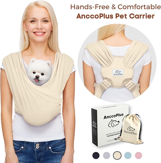 AnccoPlus Small Dog Sling Carrier, Hands-Free, Beige, Plus | Patented Front Carrier Reduces Back and Neck Strain; Adjustable, Soft Cotton, 3D Air Mesh for Puppies & Cats up to 20 lb