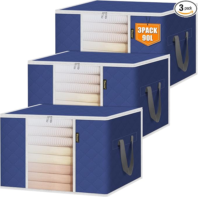 BALEINE 3 Pack Clothes Storage Bags, 24 Gallon Storage Containers with Reinforced Handle, Sturdy Zipper, Closet Organizer for Blanket, Comforter, Pillow, Bedding (Blue, 3 Pack)