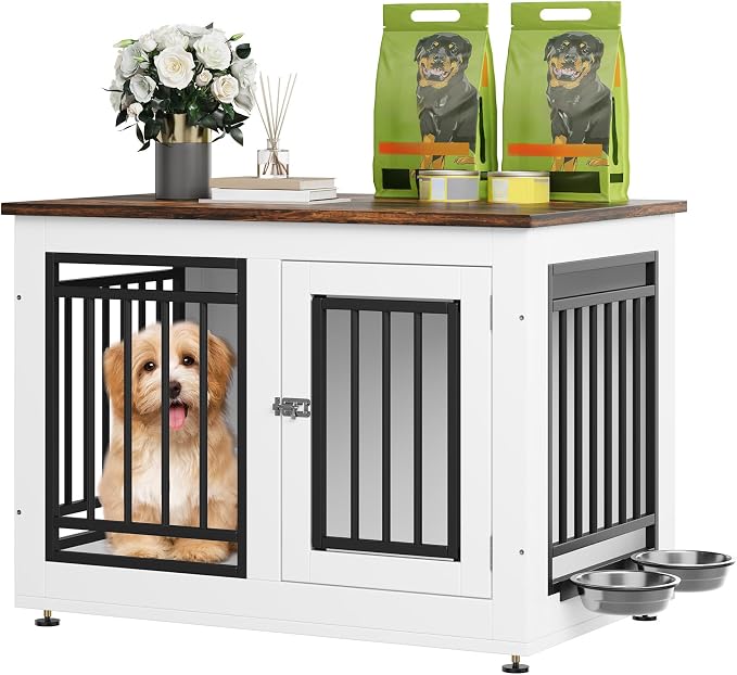 YITAHOME 28" Dog Crate Furniture, Wooden Side End Table with Adjustable Feet and Removable Bowls, Dog Kennel Indoor for Small Dogs | Wooden Side End Table, Dog Kennel Indoor for Small Dogs
