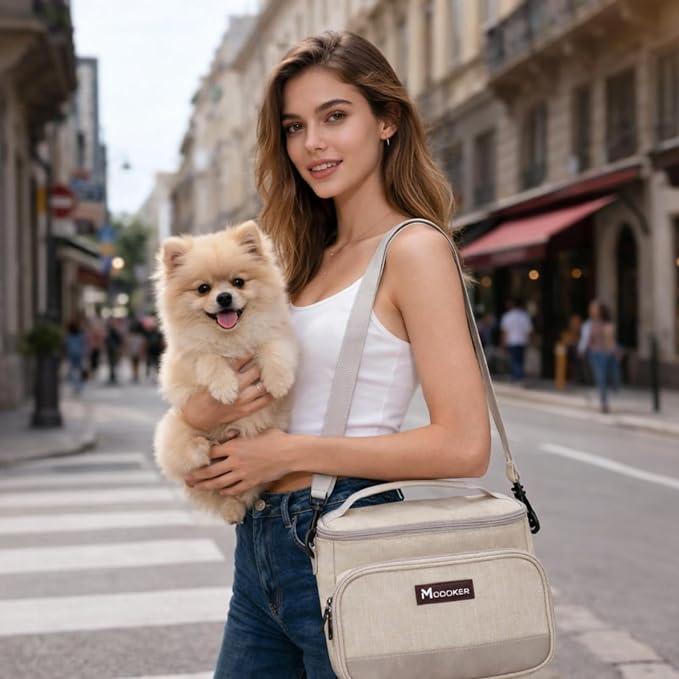 Modoker Compact Dog Travel Bag Set with 2 Bowls and Food Bags, 7.6L Beige | Under-Seat Pet Travel Organizer with 2 Food Bags, 2 Collapsible Bowls, Feeding Mat, Multiple Pockets and Adjustable Flap