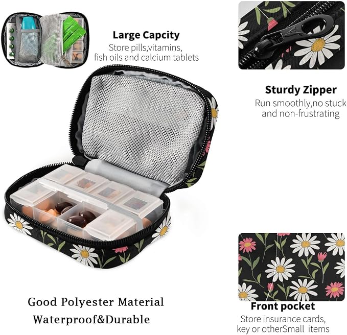 Fustylead White and Pink Cute Daisy Flowers Pill Organizer for Purse, Weekly Portable Pill Box with Zipper to Storage Vitamins Fish Oils Medications Supplements