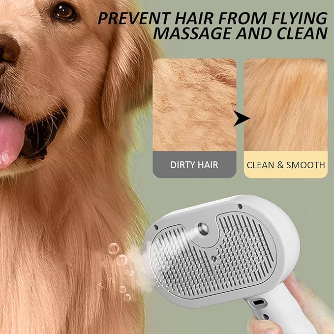 Fur Shower Brush for Cat & Dog, 3 in 1 Self Cleaning Steamy Pet Brush, Cat & Dog Steam Brush, Pets Spray Hair Removal Comb - Anti-Static, Dog Grooming Tool with Steam | Skin-Friendly Design (White)
