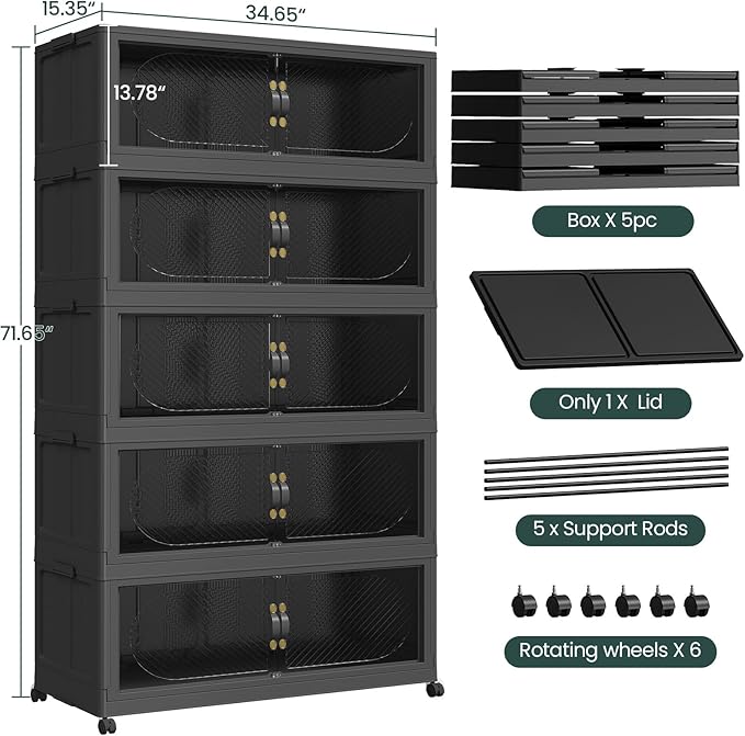 300GAL Plastic Storage Bins with Lid, 1200QT Extra Large Stackable Closet Organizers and Storage, Collapsible Storage Boxes with Wheels, Folding Cabinet for Home Kitchen Office, 5Pack Black
