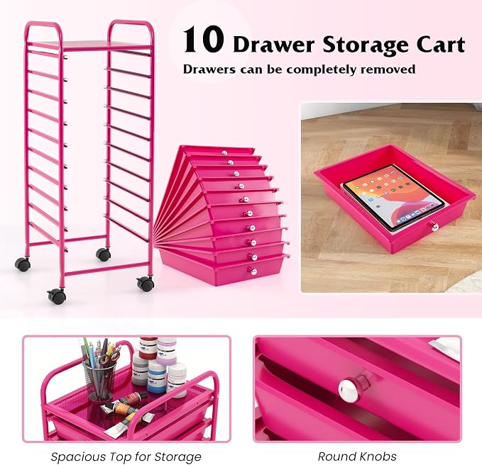 10 Drawer Rolling Storage Cart, Organization Cart on Drawers for Craft Makeup Paper Tool Art Supply, Versatile Utility Cart on Wheels for Home Office Classroom School (Hot Pink)