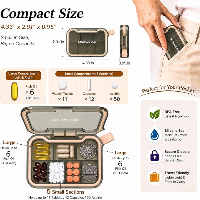 Small Pill Case, Travel Pill Organizer, Pocket Size Medicine Box | 7 Compartments Compact Pill Box for Fish Oil Vitamins Supplements Daily Medications, Purse Backpack Office