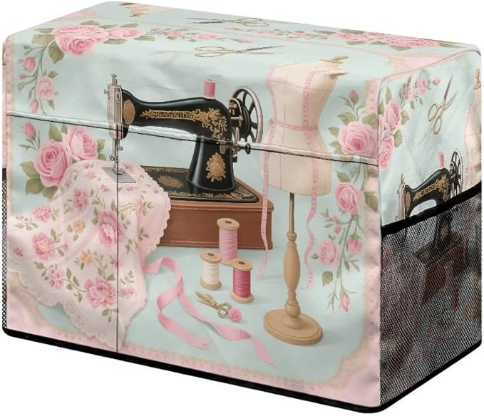 Rose Sewing Element Sewing Machine Cover with Storage Pockets,Dust & Pet Hair Protection,Fits Standard Singer, Brother and Janome Machines, Protecting & Decorating Your Sewing Space
