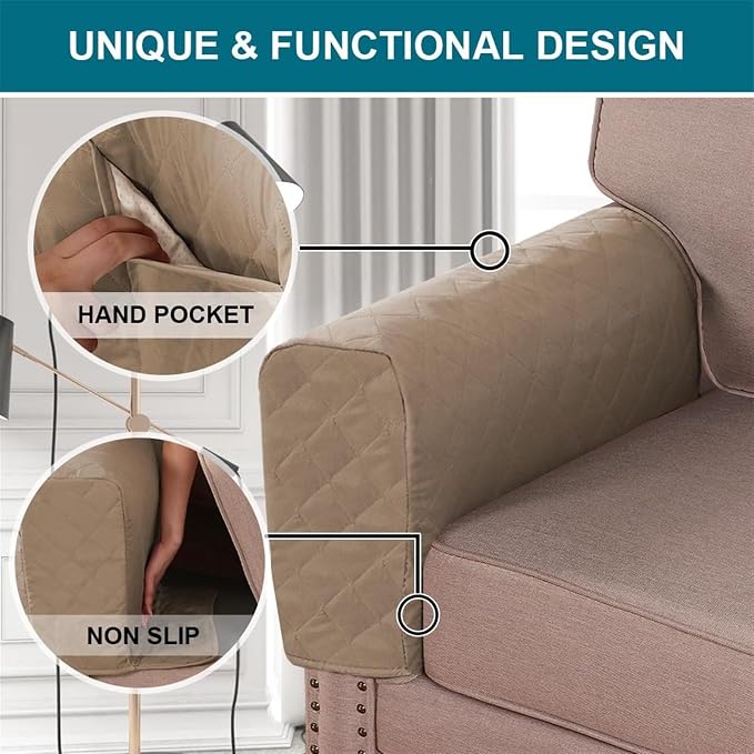 2 Pcs Waterproof Couch Arm Covers Dirty-Resistant Anti-Scratch Arm Rest Covers for Sofa with Side Pocket Anti-Slip Arm Chair Covers, Armrest Organizer(Khaki)
