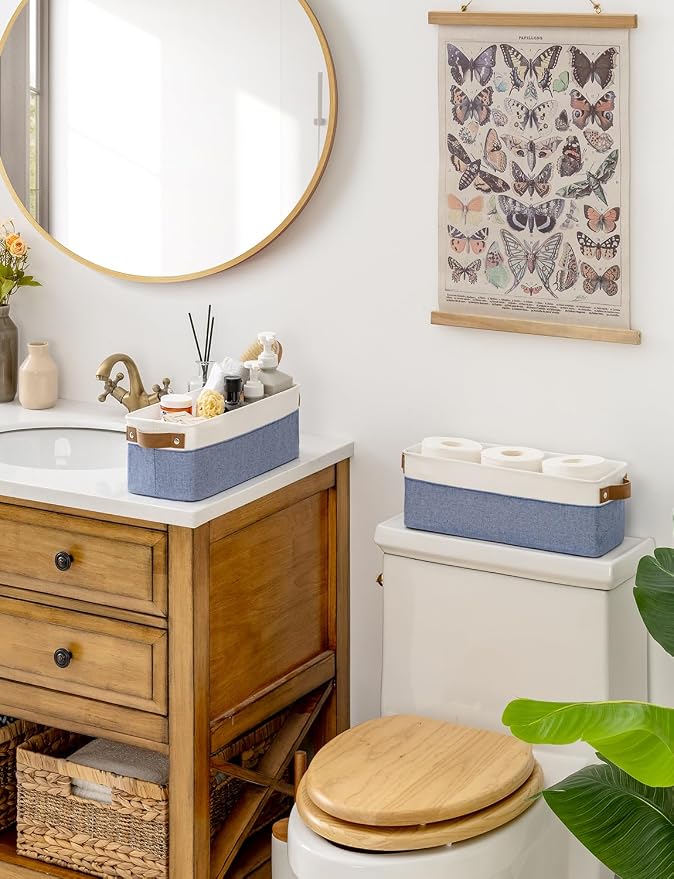StorageWorks Narrow Storage Bins, Small Basket, Blue and White, 2-Pack | With Metal Frame, Reinforced Handles, Sturdy Structure, For Bathroom, Closet, Shelf, Storage Makeup, Socks, Underwear