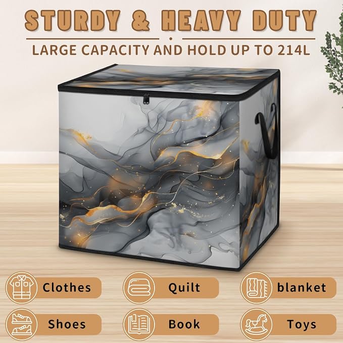 Gold Black Marble Large Storage Bags, Fabric Bed Storage Containers, Foldable Closet Organizers for Blanket, Clothing, Comforter, Bedding, Black Grey Modern Abstract