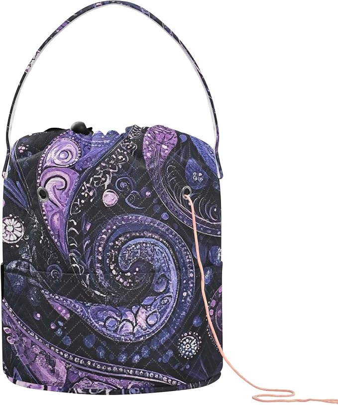 Tatenale Crochet Bag Yarn Bag Knitting Project Bag with Pockets and Handle Portable Yarn Storage Organizer Tangle Free 8.3x11 InchPurple Paisley30