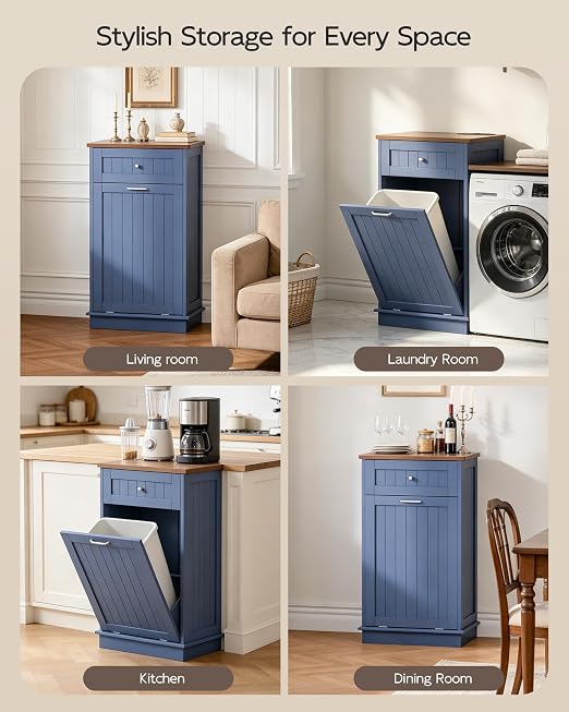 Betterhood Single Tilt Out Trash Cabinet with Power Outlet, Wooden Hidden Garbage Can Holder with a Big Storage Drawers for Kitchen, Living Room, Laundry, Blue