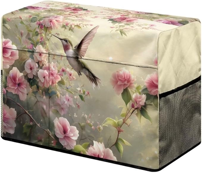 Hummingbird Flower Patterned Sewing Machine Cover Fit Standard Sewing Machines, Features a Convenient Mesh Pocket for Accessories, Adds a Touch of Spring Flair to Your Sewing Space