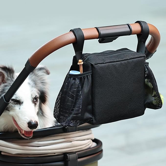 Haofy Dog Stroller Caddy Organizer Large Capacity Hanging Bag for Pet Stroller Accessories Multifunctional Storage Pockets Water Bottle Holder Pet Travel Hiking Camping Carrier (Black)