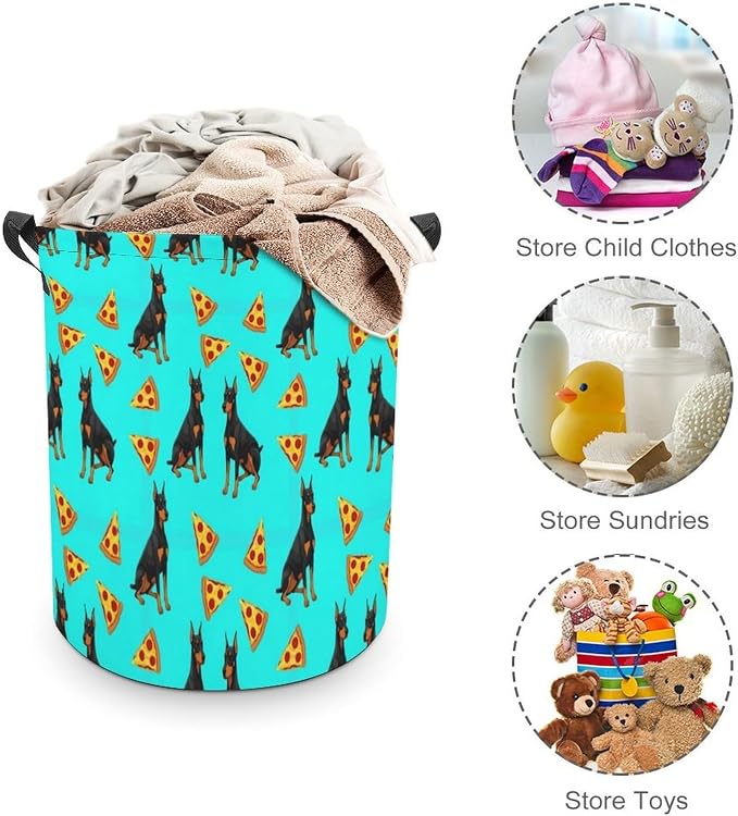 Foldable Clothes Hamper with Handles Doberman Pinscher Turquoise Pizza, Waterproof Laundry Basket for Bedroom, Bathroom, and Toy Storage Needs