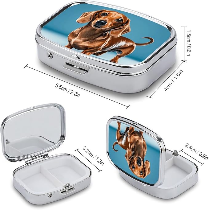 Metal Pill Organizer 2 Compartment Travel Pill Case with Mirror Waterproof & Leak-Proof Dachshund Weiner Pet Dog Pill Boxes for Daily Meds Vitamins Supplements Fits in Purse Pocket Bag