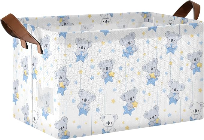 Cute Koala Picking Stars Storage Basket Foldable Cube Storage Bins with Handles&Label Waterproof Collapsible Organizer Box Bin Large Rectangle Decorative Baskets for Shelves Home Room Laundry