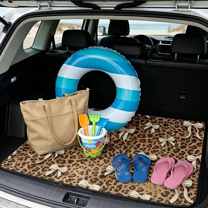 Howilath Heavy Duty Car Trunk Mat 29"x39" All Weather Leopard Print Bow Cargo Liner with Anti-Slip Backing Easy Clean Rear Protection