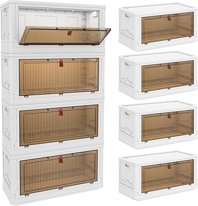 YFXCVSL 4 Tier Plastic Storage Bins with Lid 102QT, Stackable Storage Containers with Wheels, Folding Storage Boxes, Stackable Storage Bins, Organizers and Storage for Living Room