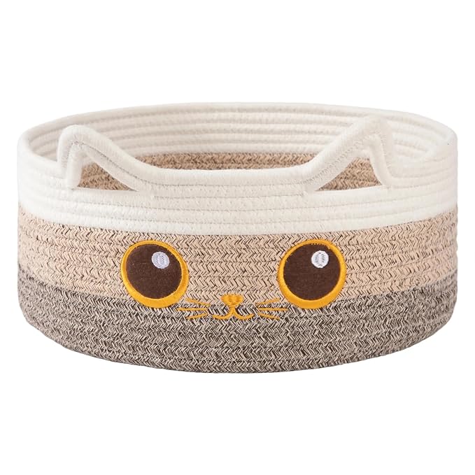Small Round Cat Toy Basket,Cotton Rope Storage Basket for Living Room,Brown | Cute Decorative Dog Toy Basket, Toy Bin for Baby, Pet, Gift Basket for Halloween, Baby Shower , 13.4"×13.4"×5.9"