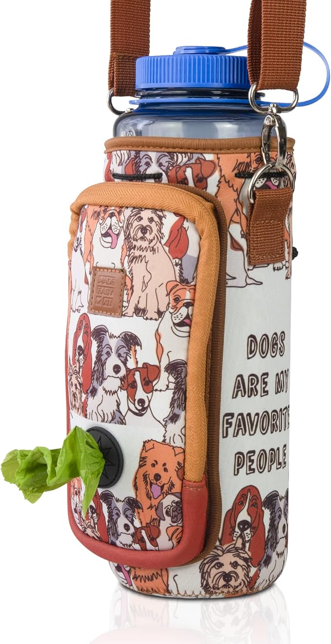 Made Easy Kit Water Bottle Carrier with Pocket for Dog Poop Waste Bags and Adjustable Padded Shoulder Strap (Tall & Large (40oz) with Bowl, Dog Lover, Brown)