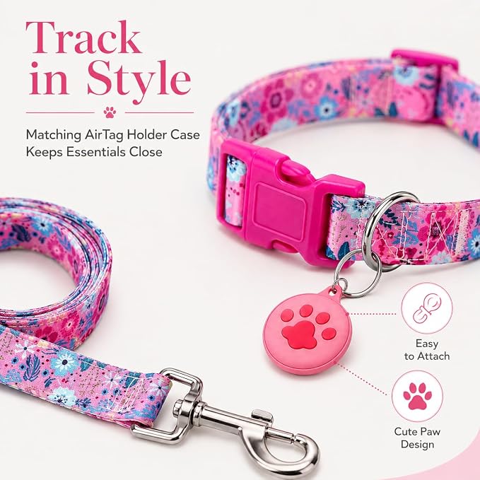 Floral Matching Dog Collar and Leash Set with AirTag Holder-Rose Daisy/M | Anti-Lost,Adjustable Durable Pet Collar Leash Combo for Medium Boy Girl Dogs,for Outdoor Walking Hiking Training Running