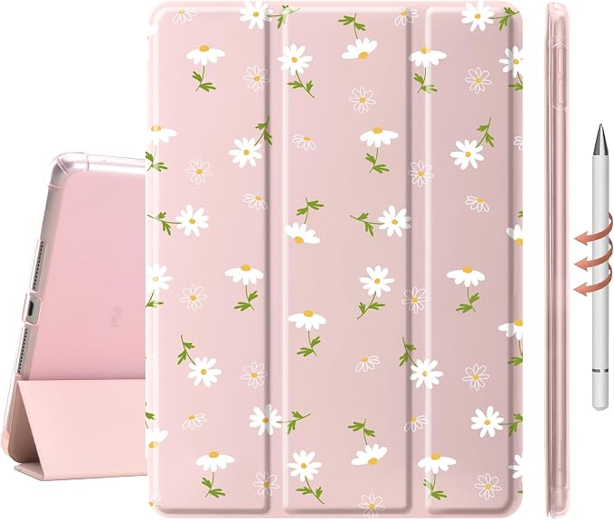 Cute Kawaii Floral Case for 10.2" iPad 9th/7th/8th Generation, Clear TPU Smart Stand Back Cover with Pencil Holder, Auto Wake/Sleep Protective Case for iPad 2021/2020/2019