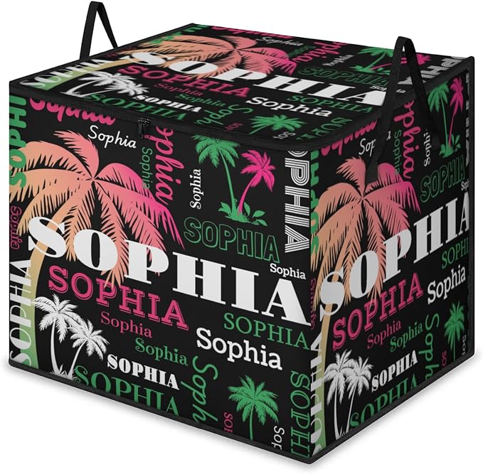 Custom Name Storage Bin with Lid, Personalized Extra Large Pink Green Tropical Palm Tree Black Storage Basket with Handles Zippers for Organizing Comforters, Blankets, Bedding Closet Shelf Baskets