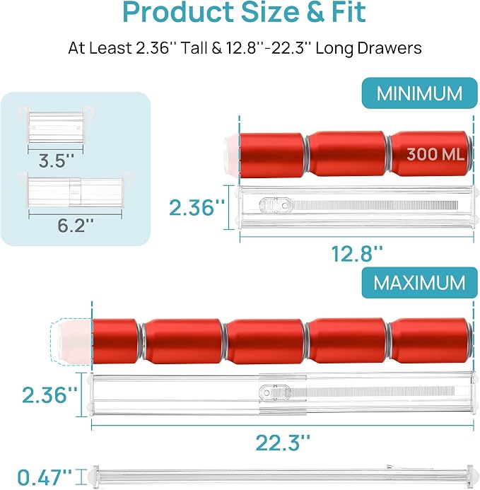 Vtopmart 2.36" Drawer Dividers with Expandable Inserts, 12.8"-22.3", 6 Pack | Adjustable Kitchen Drawer Organizer, Clear Organizer Separator for Flatware, Utensil, Cutlery, 6 Dividers with 10 Inserts