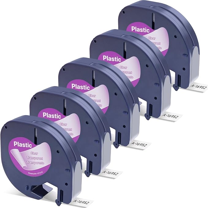 Replacement for Dymo LetraTag Refill 16952 Plastic Clear Label Tape for DYMO Label Maker Refill LT-100T LT-100H QX50,1/2'' x 13' (12mmx4m),Black on Clear, 5Pack