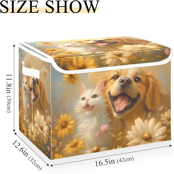 Storage Bins with Lid Golden Retriever Foldable Storage Boxes 40L Baskets | Decorative Storage Boxes, Dust-Proof Flip Top, Reinforced Handles, For Home & Bedroom, Clothes & Toy Box, Oxford Fabric Print