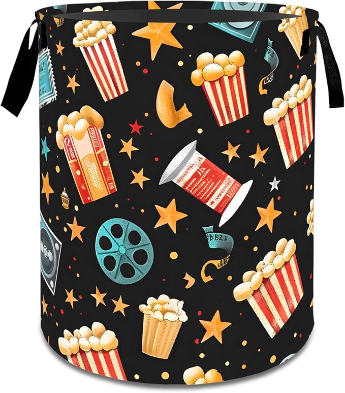 Popcorn Film Reel Star Laundry Basket,Fun Food Dirty Clothes Hamper,Movie Night Storage Bin Gifts,Foldable Waterproof Oxford Cloth Baskets for Bedroom,Bathroom,Home Decoration(19.7" x 15.7")