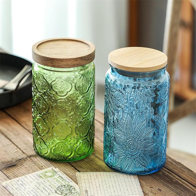 2-Pack Blue Glass Storage Jars, 34 oz Sunflower Canisters with Wood Lids | Coffee Bean Container, Sugar Holder, Cookie Keeper, Candy Organizer, Cereal Container, Tea Holder, Farmhouse Kitchen Decor