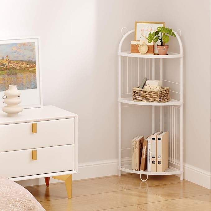 CICUFY Small Corner Shelf Metal Bathroom Corner Shelf 3 Tier Bathroom Stand Toilet Paper Storage Standing Shower Caddy Organizer Toilet Shelf Unit (White)