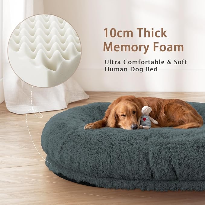 ROOMTEC Human Dog Bed, 78''x51''x12'' Size Fits Adult and Pet Washable Giant People Bed 10 CM Thick Memory Foam Large Oversize Pet Bed with Plump Pillow, Blanket, Strap - Darkgrey