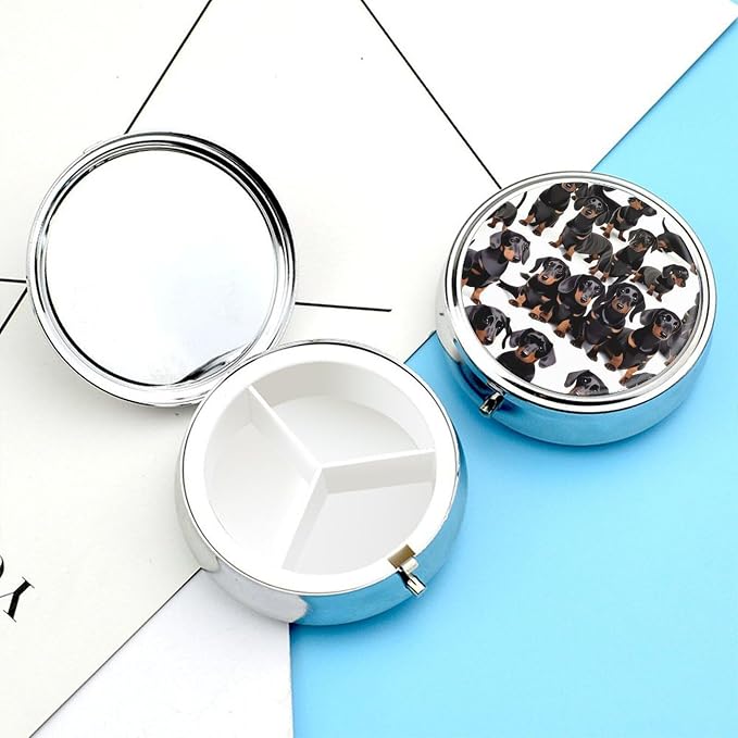 Dachshund Weiner Pet Dog Round Metal Pill Organizer 3 Compartment Travel Pill Case with Mirror Waterproof & Leak-Proof for Daily Meds Vitamins Supplements Fits in Purse Pocket Bag