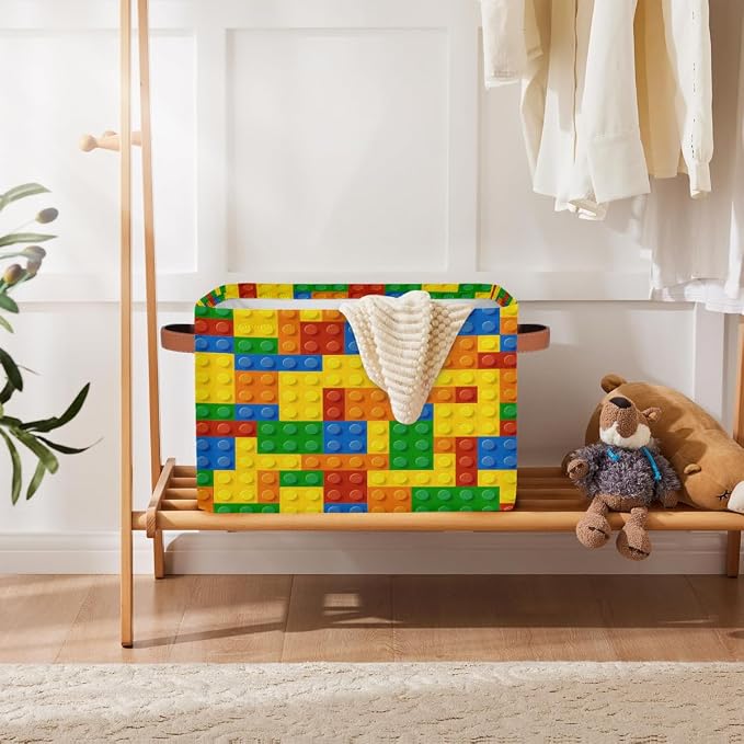Rectangle Storage Basket with Handles, Cube Organizer Bins for Shelves Collapsible Toys Storage Box Clothes Baskets for Nursery Home Kids Room(Colorful Building Blocks)