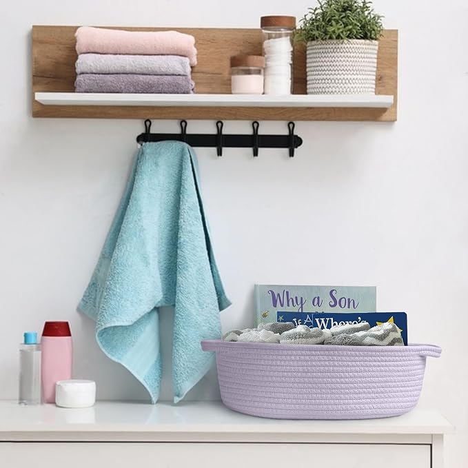 Purple Small Woven Basket, 13” x 9” x 5” Baskets for Gifts Empty, Cotton Rope Gift Basket, Cute Nursery Baby Organizer, Cat Dog Toy Box, Oval Wicker Storage Bin with Handle