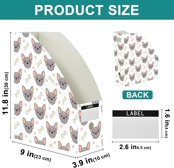 SPRIPORT Cute Pet Dog Paw Print Water Repellent PP Magazine File Holder Organizer for Desk, Foldable Storage Rack for Library Office School Document Sorter with Labels 23x30x10cm (3 Pack)