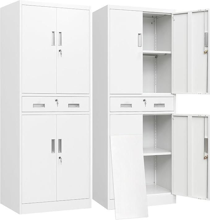 BESFUR Metal Storage Cabinet with a Drawer 4 Doors and 2 Adjustable Shelves Garage Storage Cabinet with Lock 71" Office Storage Cabinets Locking Cabinets for Garage Office Shop Home (White)