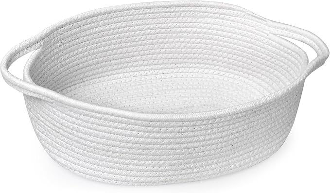 White Small Woven Basket, 13” x 9” x 5” Baskets for Gifts Empty Cotton Rope, Cute Nursery Baby Storage Organizer, Wicker Cat Toy Bin Box with Handles, Empty Gift Boo Basket