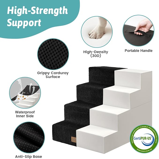 COZY KISS Dog Stairs for Small Dogs, 4 Step Pet Stairs for Beds & Couches | 17.7" H Extra Wider Non-Slip Dog Steps with Removable Tiers & Support Board for Puppies, Older Cats & Dogs, Black