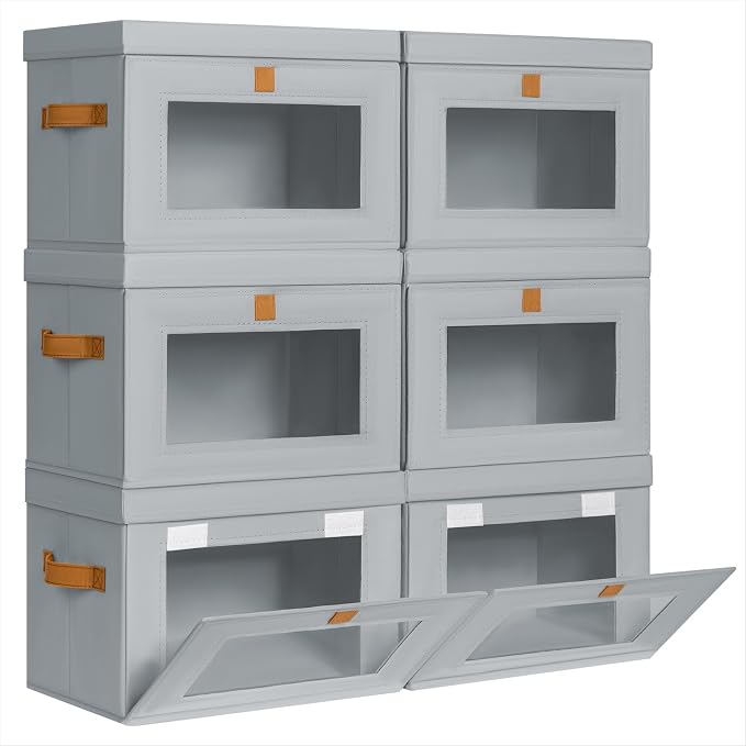 Medium Fabric Storage bins - Collapsible Storage Bins with Open Window, 6 Pack Closet Baskets for Shelves, Stackable Decorative Boxes for Home, Dorm, Grey, 13.7"x 9.8" x 9.8"